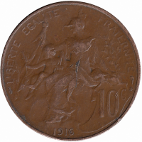 Франция 10 сантимов 1916 год (отметка МД: "★" - Мадрид)