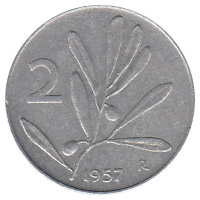 Италия 2 лиры 1957 год