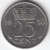 Нидерланды 25 центов 1950 год