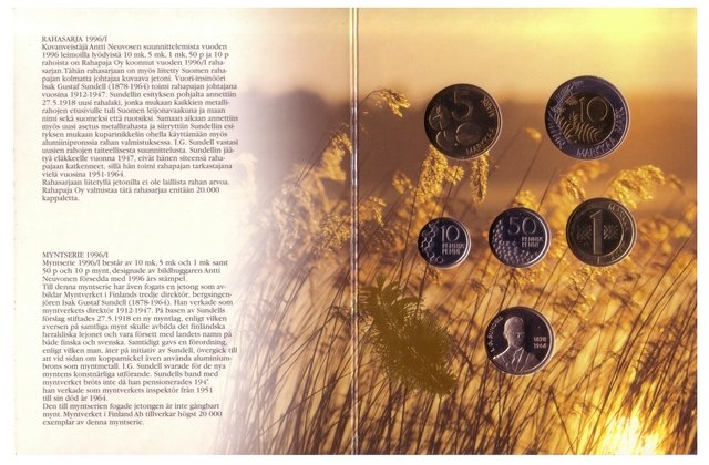 Финляндия набор из 5 монет и жетон 1996 год (выпуск 1)