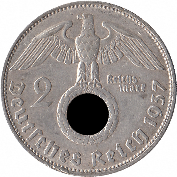 Германия (Третий Рейх) 2 рейхсмарки 1937 год (D) Германия (Третий Рейх) 2 рейхсмарки 1937 год (D)
