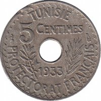 Тунис 5 сантимов 1933 год (редкая)