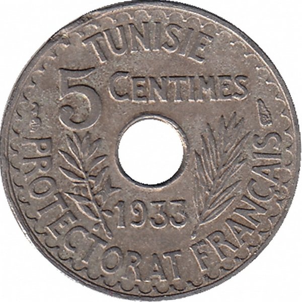 Тунис 5 сантимов 1933 год (редкая)