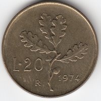 Италия 20 лир 1974 год