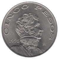 Мексика 5 песо 1976 год (большие цифры) UNC