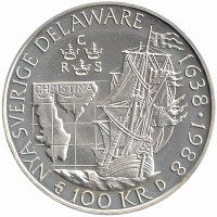 Швеция 100 крон 1988 год (350 лет Шведской колонии в Делавере)