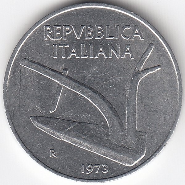 Италия 10 лир 1973 год