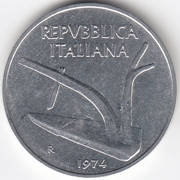 Италия 10 лир 1974 год