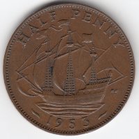 Великобритания 1/2 пенни 1953 год