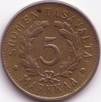 Финляндия 5 марок 1950 год ("N" приподнята, иголки неровные)