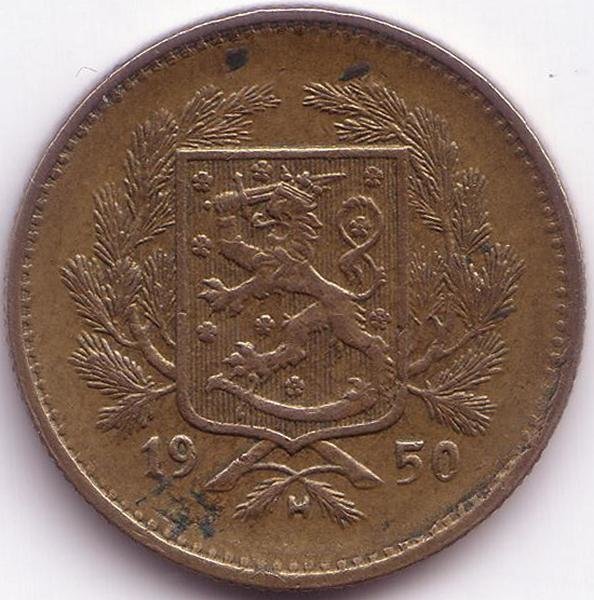 Финляндия 5 марок 1950 год ("N" приподнята, иголки неровные)
