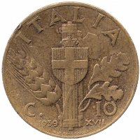 Италия 10 чентезимо 1939 год (алюминиевая бронза)