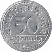 Германия (Веймарская республика) 50 пфеннигов 1921 год (А)