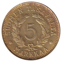 Финляндия 5 марок 1949 год ("N"-узкая, иголки неровные) 