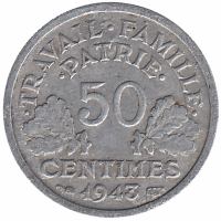 Франция 50 сантимов 1943 год (без отметки МД)