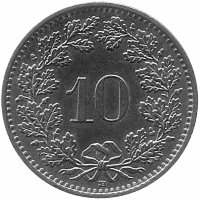 Швейцария 10 раппенов 1992 год
