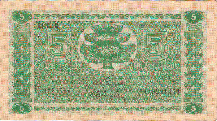 Банкнота 5 марок 1939 г. Финляндия