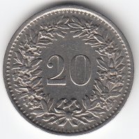 Швейцария 20 раппенов 1970 год