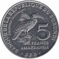 Бурунди 5 франков 2014 год (Кафрский рогатый ворон)