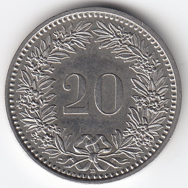 Швейцария 20 раппенов 1987 год