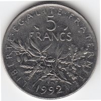 Франция 5 франков 1992 год