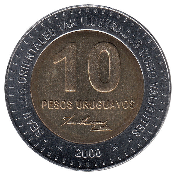 Уругвай 10 песо 2000 год (звезды до и после года (*2000*))