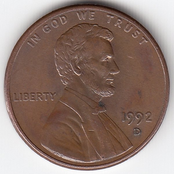 США 1 цент 1992 год (D)