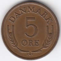 Дания 5 эре 1962 год (бронза)