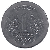 Индия 1 рупия 1999 год (отметка монетного двора: "mk" - Кремница)