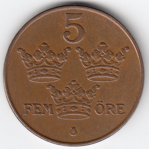 Швеция 5 эре 1950 год (бронза)