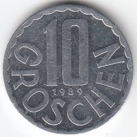 Австрия 10 грошей 1989 год