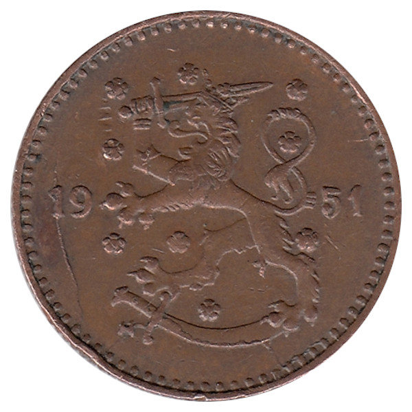 Финляндия 1 марка 1951 год (медь)