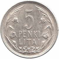 Литва 5 лит 1925 год (XF-UNC)
