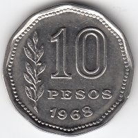 Аргентина 10 песо 1968 год
