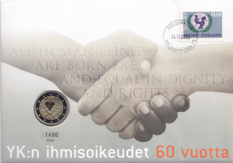 Финляндия 2 евро 2008 год (60-летие принятия декларации прав человека) «нумисбриф»