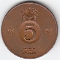 Швеция 5 эре 1962 год