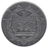 Италия 2 лиры 1939 год (XVIII) (немагнитная)