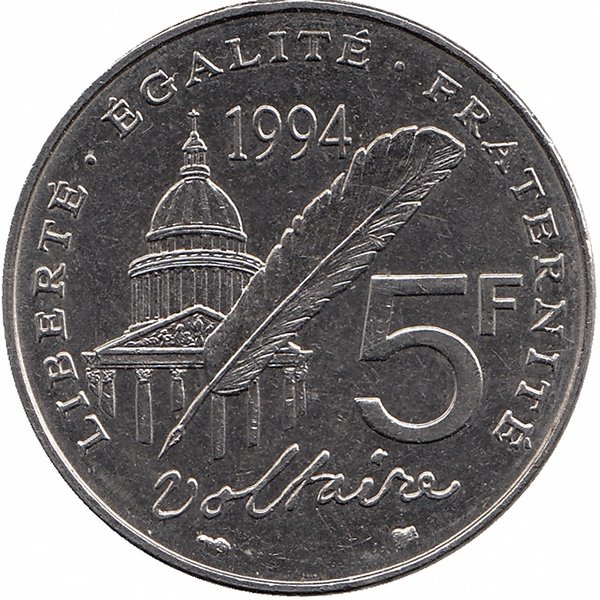 Франция 5 франков 1994 год (Вольтер)
