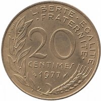 Франция 20 сантимов 1977 год