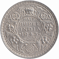 Британская Индия 1/2 рупии 1945 год (отметка МД: "L" - Лахор) XF-UNC