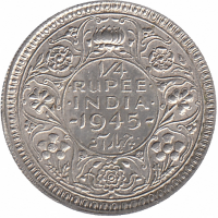 Британская Индия 1/4 рупии 1945 год (отметка МД: "•" - Бомбей) XF-UNC