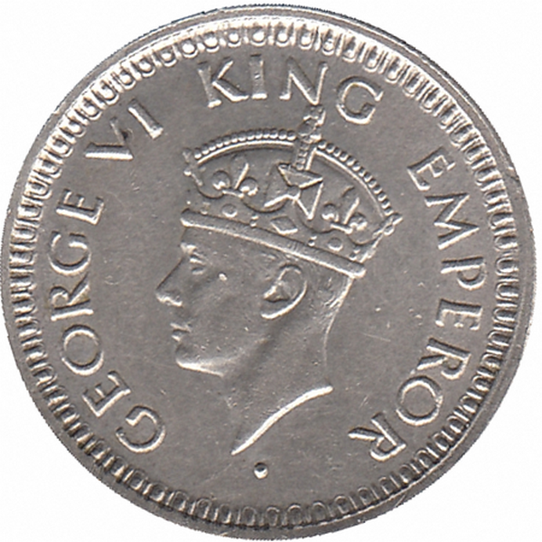 Британская Индия 1/4 рупии 1945 год (отметка МД: "•" - Бомбей) XF-UNC
