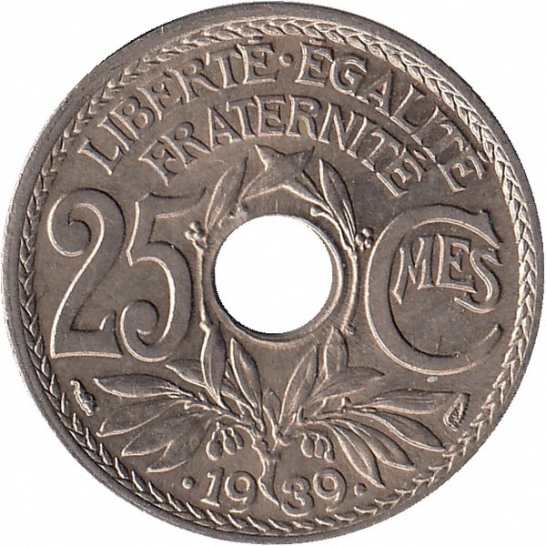 Франция 25 сантимов 1939 год (UNC)