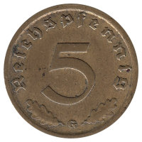 Германия (Третий Рейх) 5 рейхспфеннигов 1939 год (G)