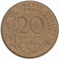 Франция 20 сантимов 1969 год