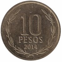 Чили 10 песо 2014 год (отметка МД: "So" - Сантьяго, Чили)