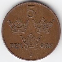 Швеция 5 эре 1936 год (короткий хвостик у "6")