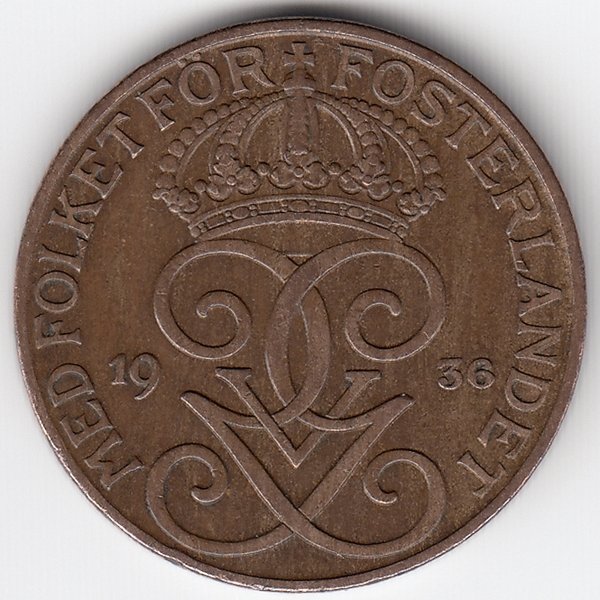 Швеция 5 эре 1936 год (короткий хвостик у "6")