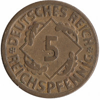 Германия (Веймарская республика) 5 рейхспфеннигов 1925 год (F)