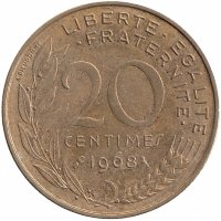 Франция 20 сантимов 1968 год